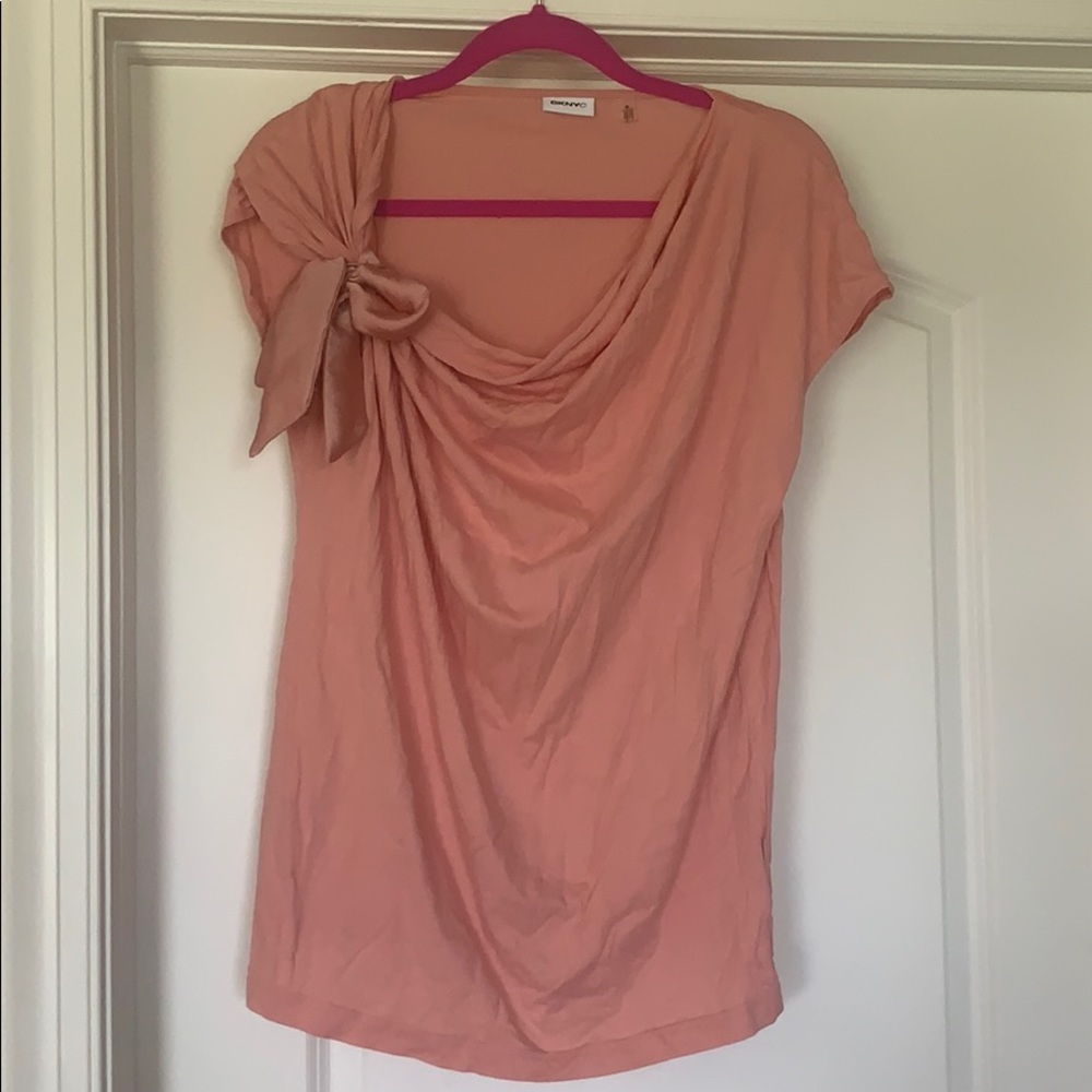 Peach DKNYC tee with Shoulder bow detail